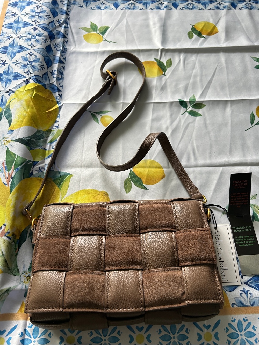 Viola Castellani Taupe Woven Leather & Suede Crossbody Bag